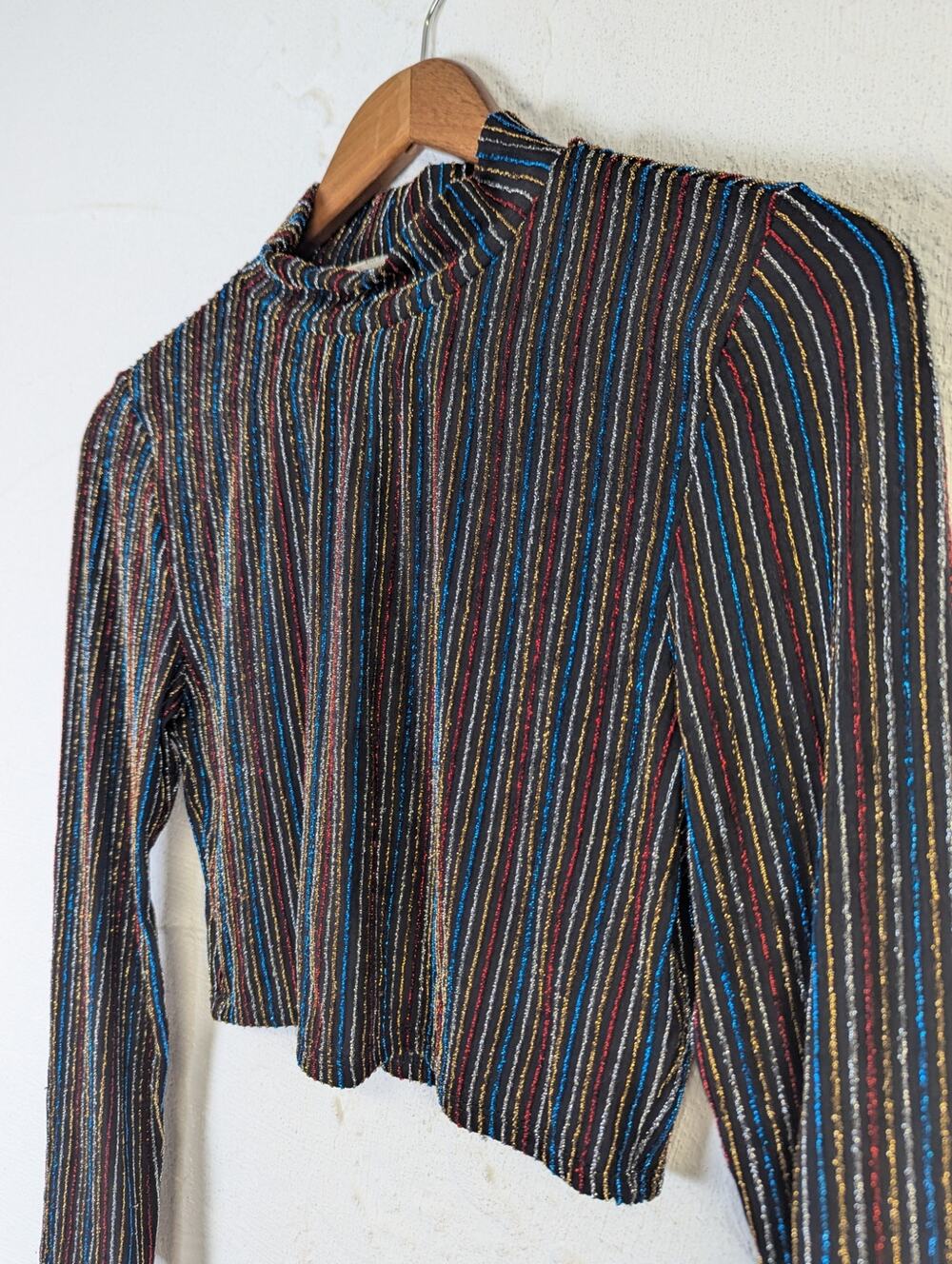 Cherry Mellow Cropped Turtleneck Black Shiny Stripes Red Blue Metallic Medium